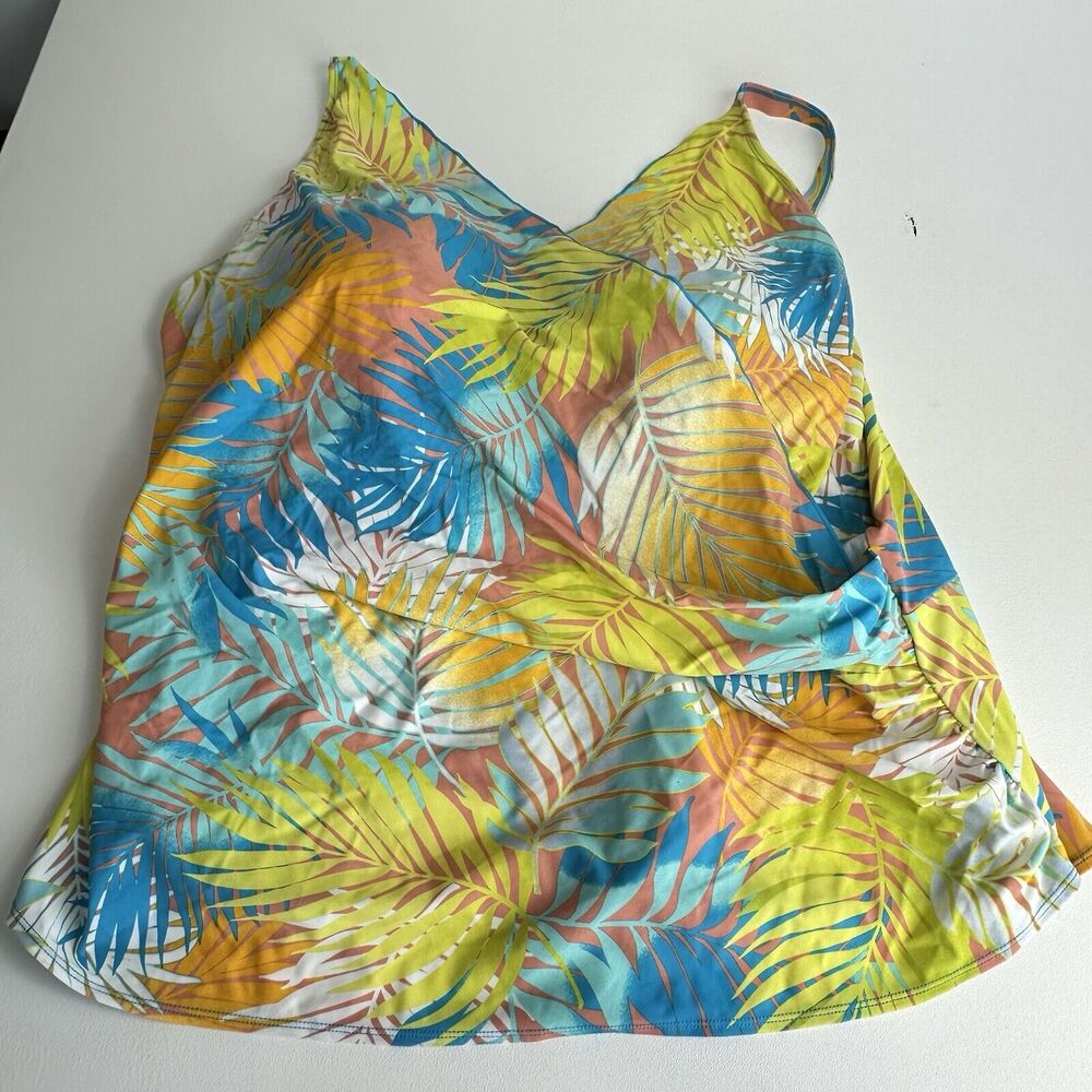 Denim & Co. Beach Floral V Neck Ruffle Wrap Swim Tankini Top Size 32W